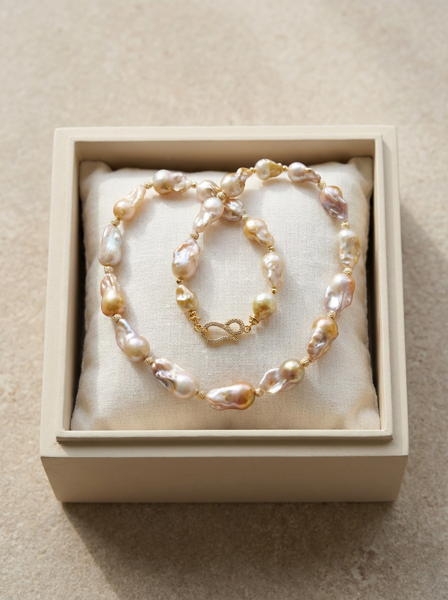 Golden Blush Baroque Pearl Necklace - VEEKISSY