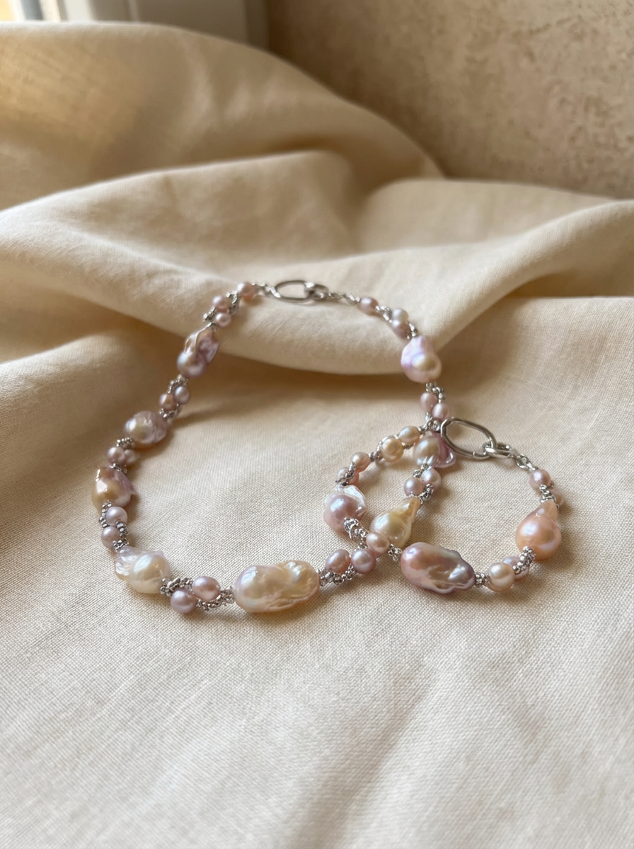 Pink purple Baroque Pearls Necklace and Bracelet - VEEKISSY