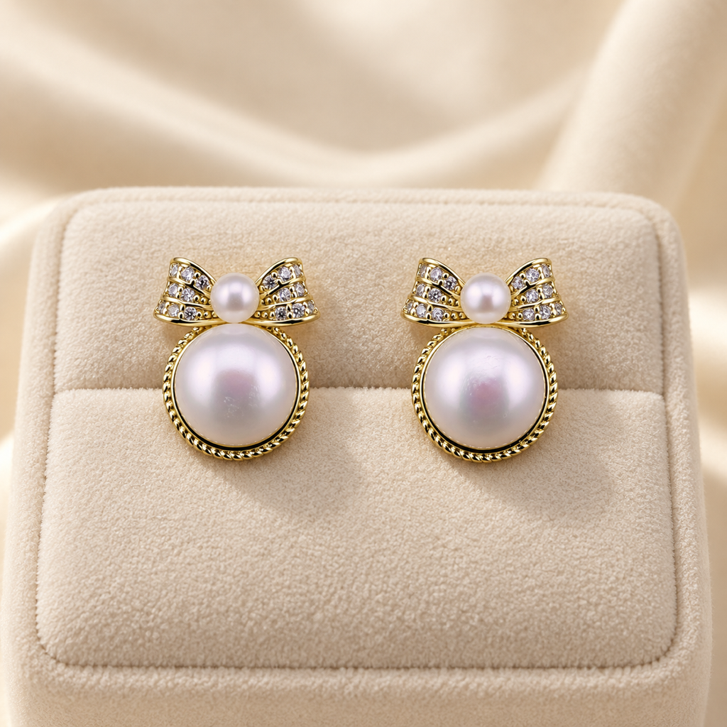 VEEKISSY bow freshwater pearl stud earrings, pair on ivory display cushion