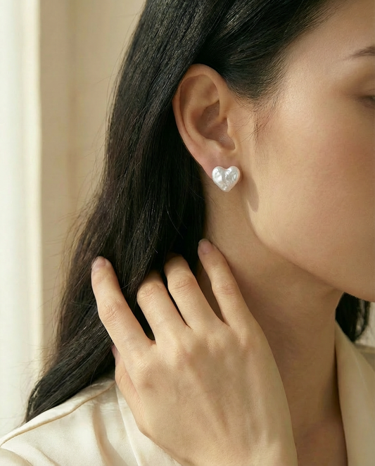 Romantic Heart Baroque Pearl Stud Earrings For Her – Handmade Sterling Silver - VEEKISSY