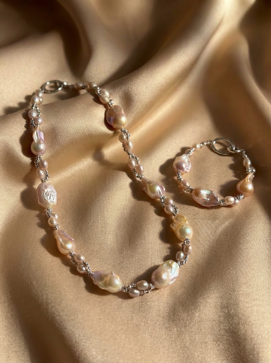 Pink purple Baroque Pearls Necklace and Bracelet - VEEKISSY
