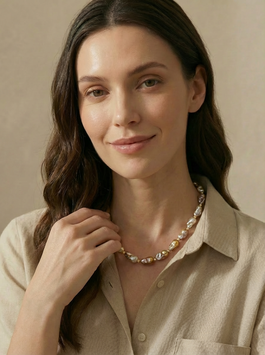 Golden Blush Baroque Pearl Necklace - VEEKISSY