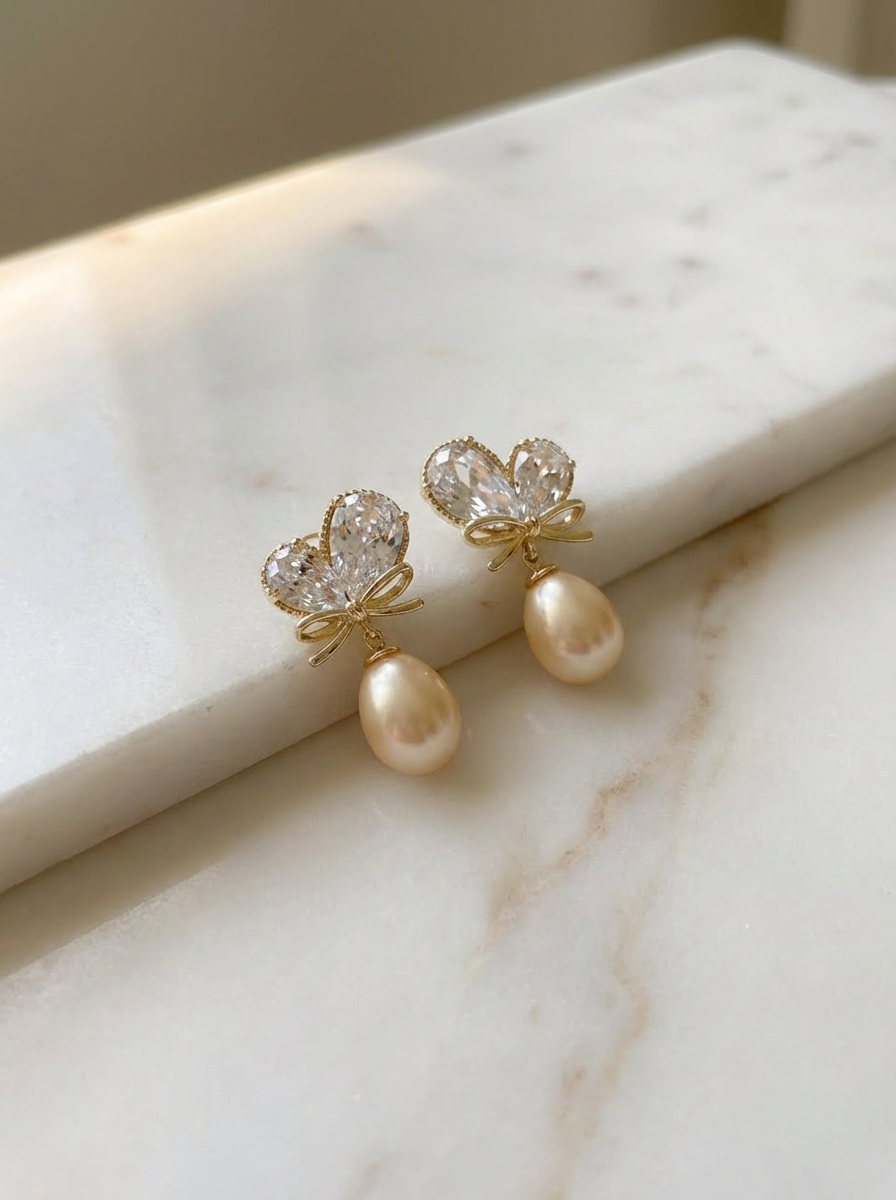 Champagne Bow Pearl Drops - VEEKISSY