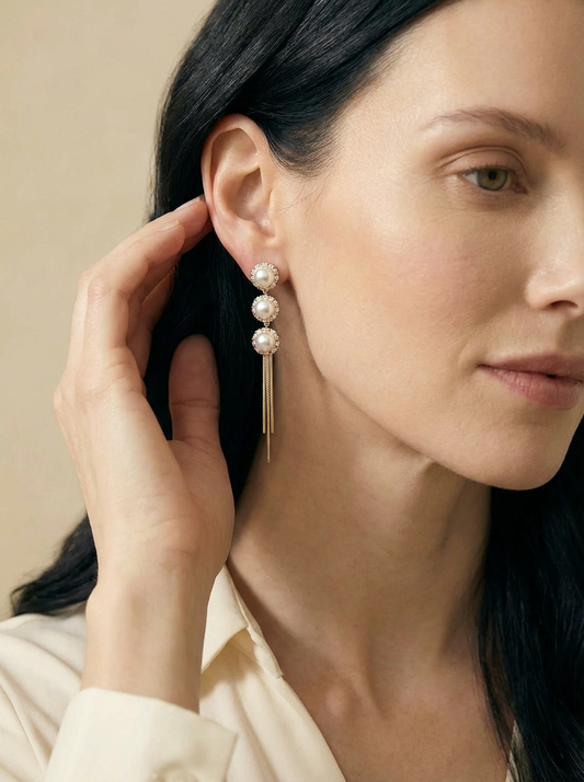 Triple Pearls Dangling Earrings - VEEKISSY