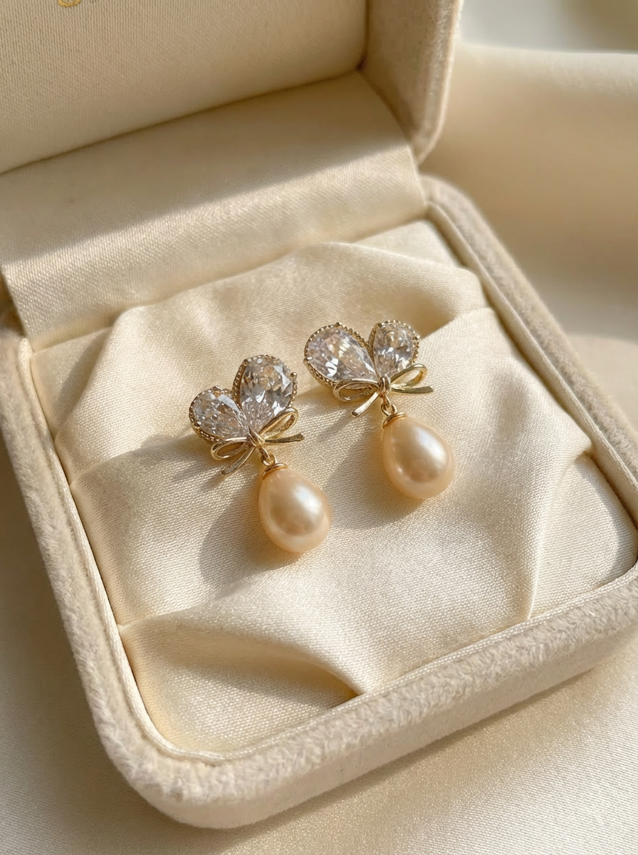 Champagne Bow Pearl Drops - VEEKISSY