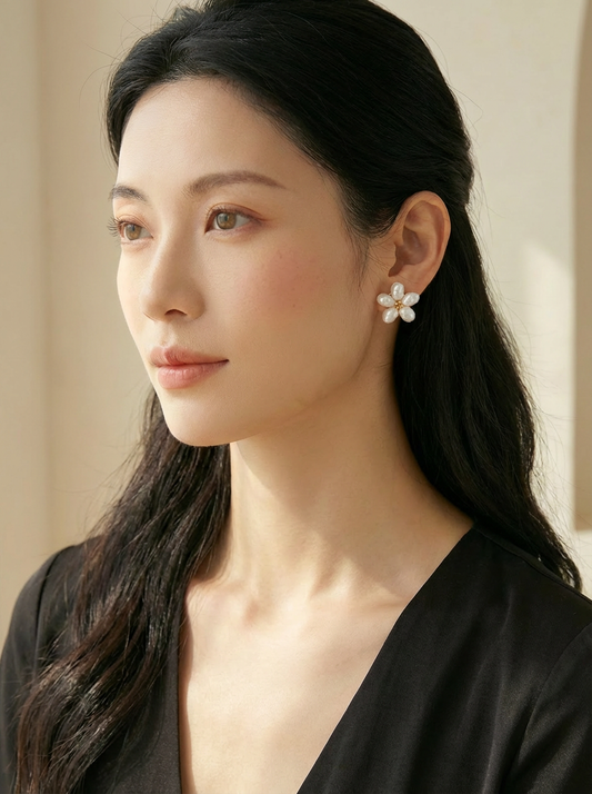 Handmade Baroque Pearl Flower Earrings – S925 Stud Earrings for Women | Bridal, Minimalist & Vintage-Inspired Jewelry - VEEKISSY