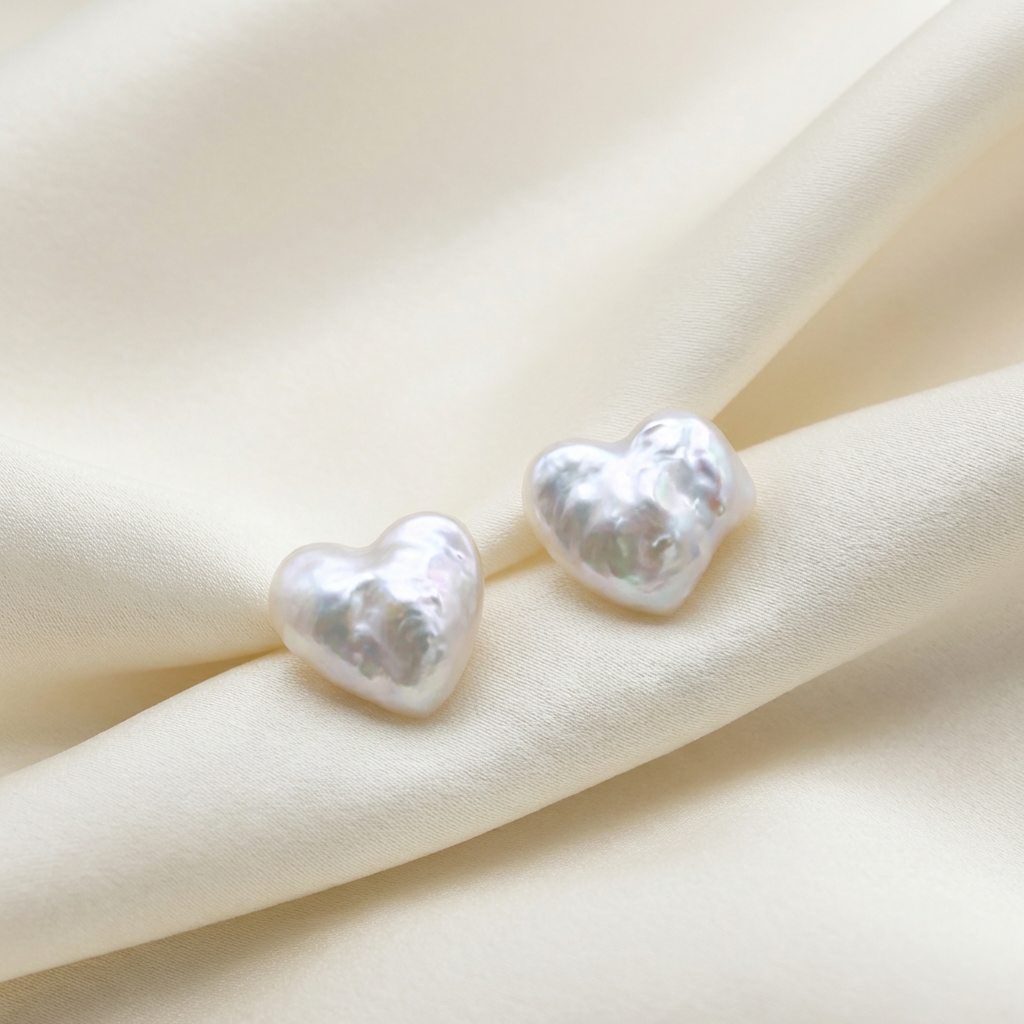 Romantic Heart Baroque Pearl Stud Earrings For Her – Handmade Sterling Silver - VEEKISSY