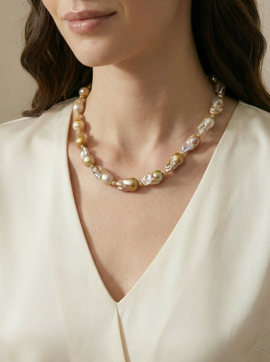 Golden Blush Baroque Pearl Necklace - VEEKISSY