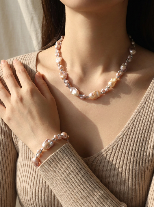 Pink purple Baroque Pearls Necklace and Bracelet - VEEKISSY