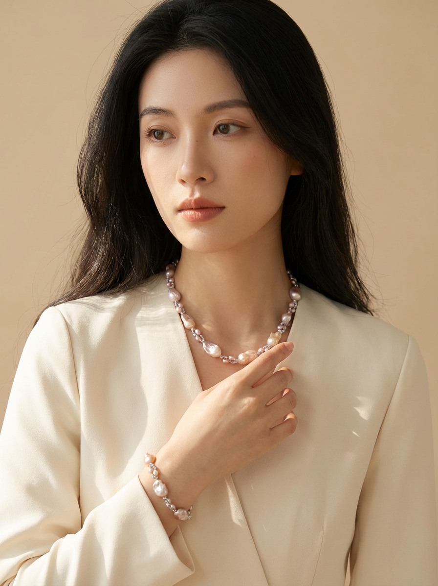 Pink purple Baroque Pearls Necklace and Bracelet - VEEKISSY