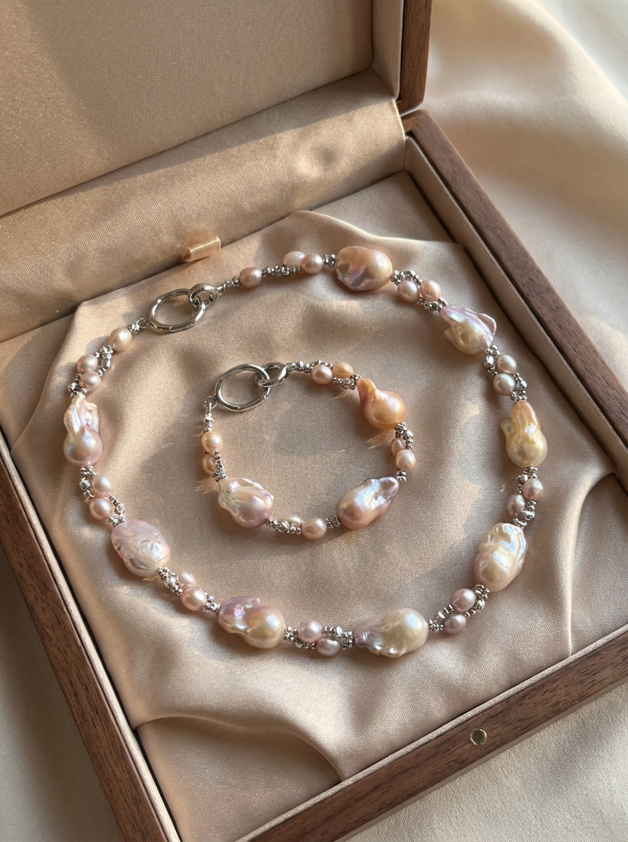 Pink purple Baroque Pearls Necklace and Bracelet - VEEKISSY