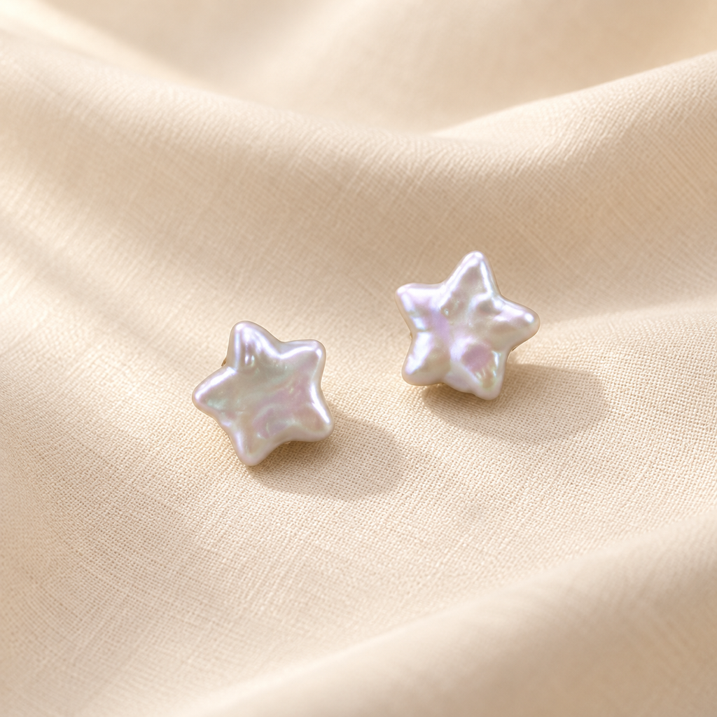 VEEKISSY celestial star pearl stud earrings, alternative pair angle on cream fabric