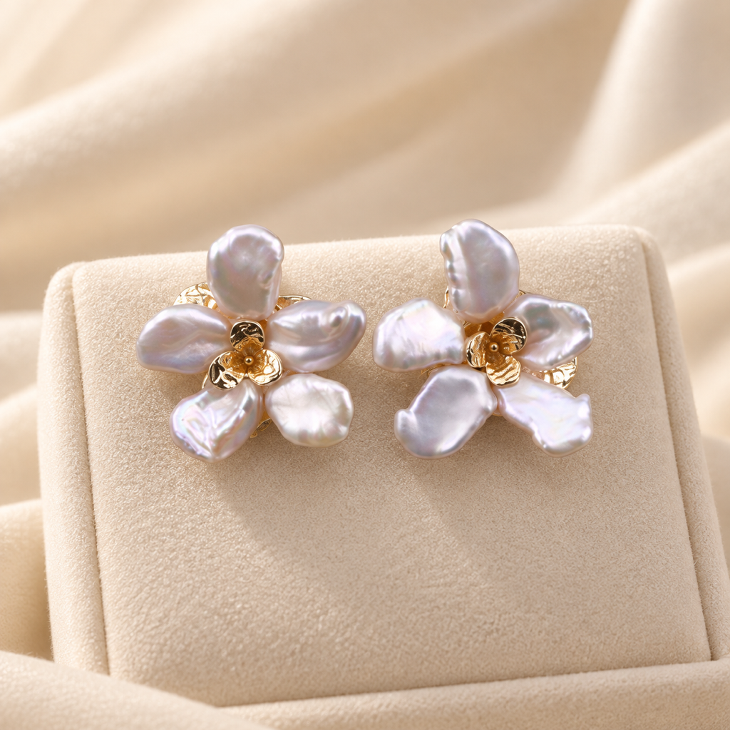 VEEKISSY floral baroque pearl stud earrings, pair on ivory display cushion