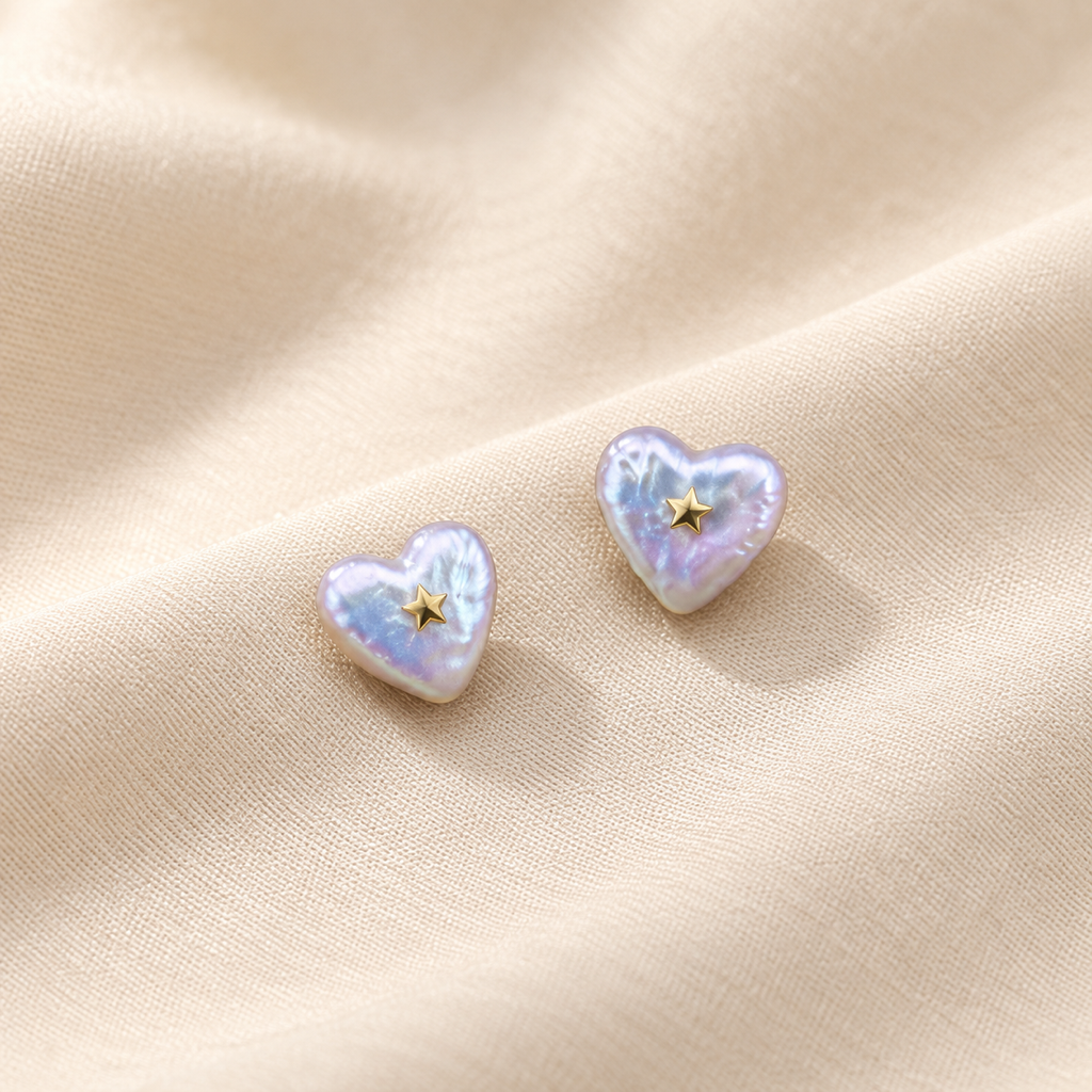 VEEKISSY gold star heart pearl stud earrings, alternative pair angle on cream fabric
