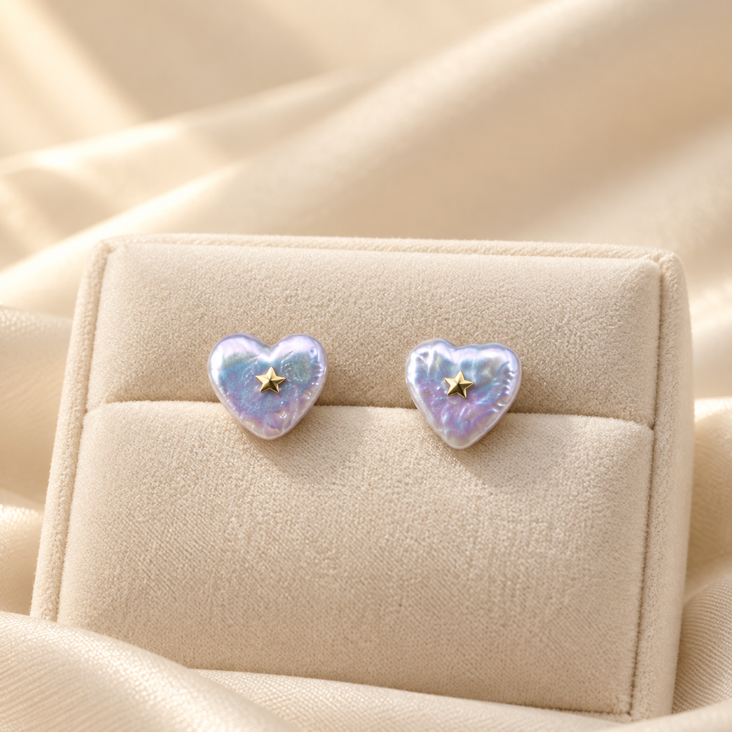 VEEKISSY gold star heart pearl stud earrings, pair on ivory display cushion