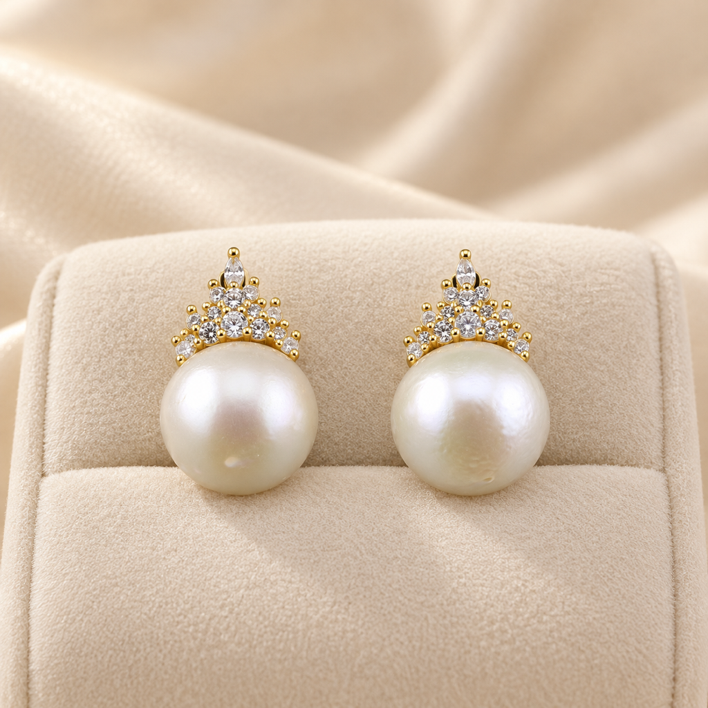 VEEKISSY royal elegance pearl stud earrings, pair on ivory display cushion
