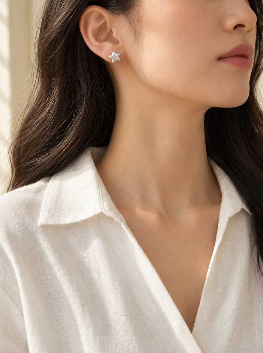 VEEKISSY celestial star earrings, model wearing earrings