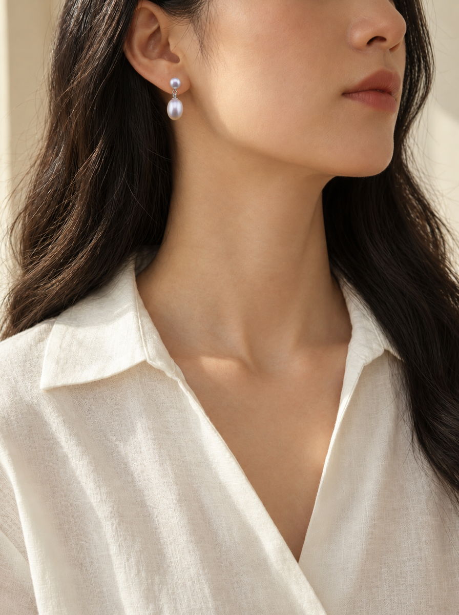 VEEKISSY classic double pearl earrings, model wearing earrings