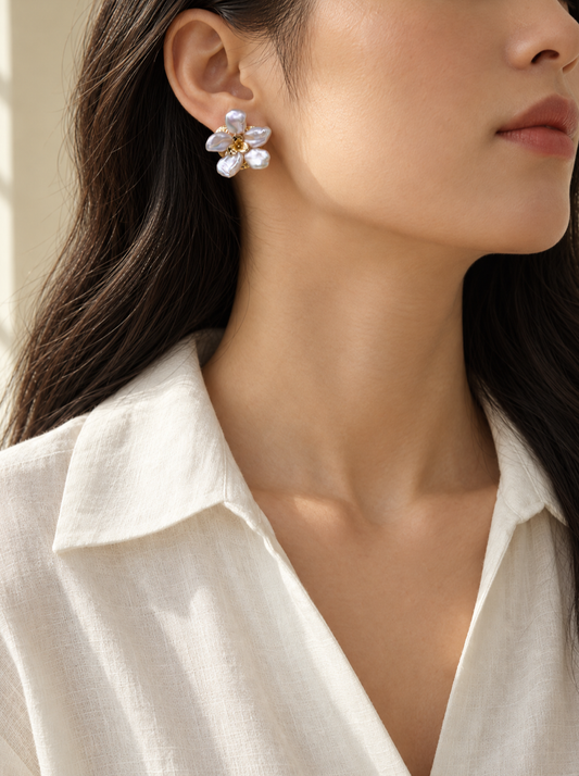VEEKISSY floral baroque earrings, model wearing earrings