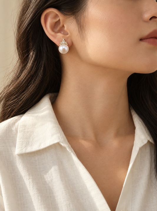 VEEKISSY royal elegance earrings, model wearing earrings